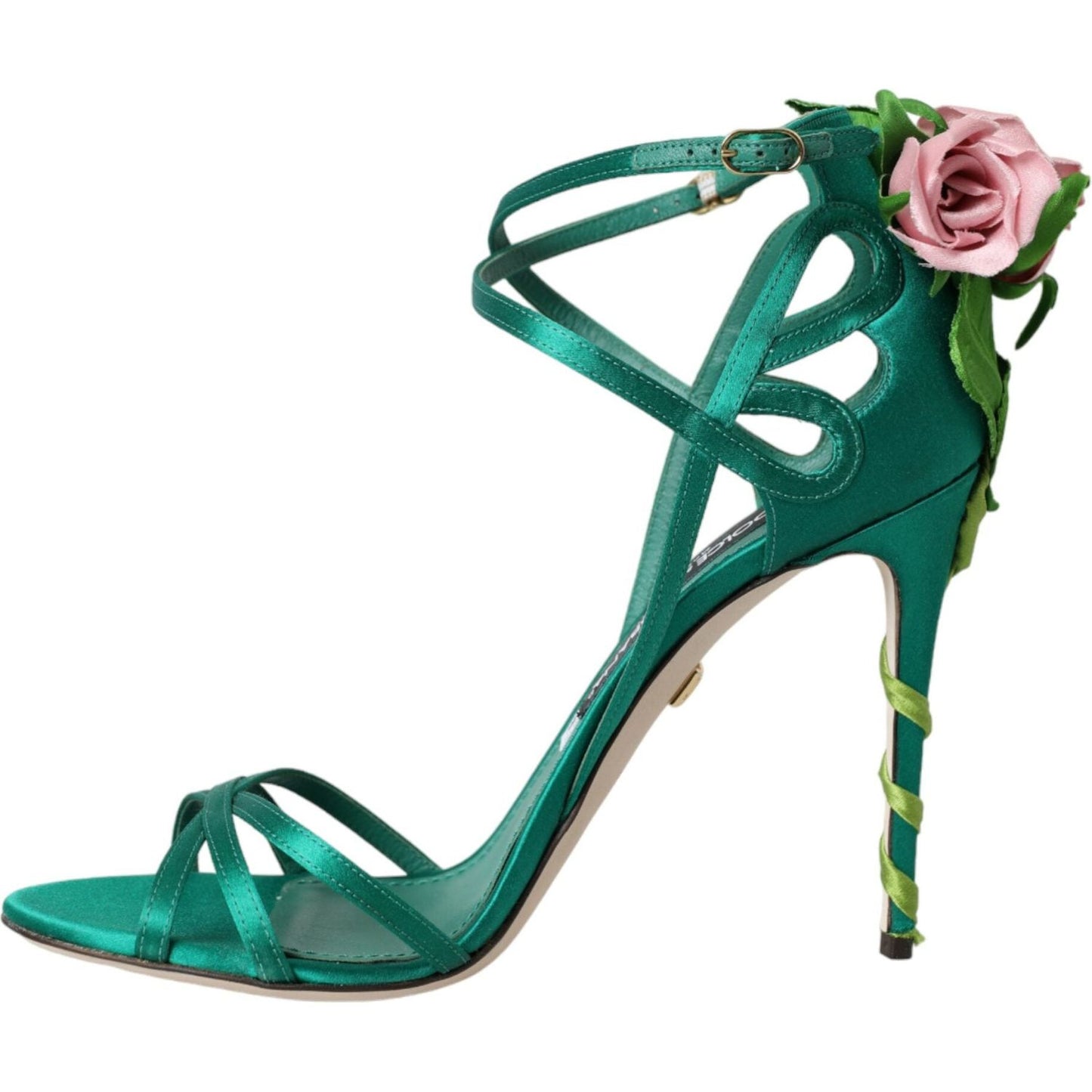 Dolce & Gabbana Green Flower Satin Heels Sandals Shoes Dolce & Gabbana