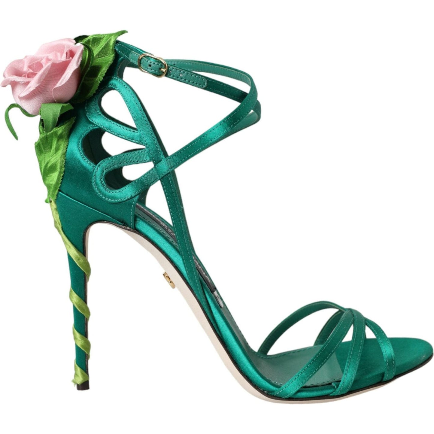 Dolce & Gabbana Green Flower Satin Heels Sandals Shoes Dolce & Gabbana