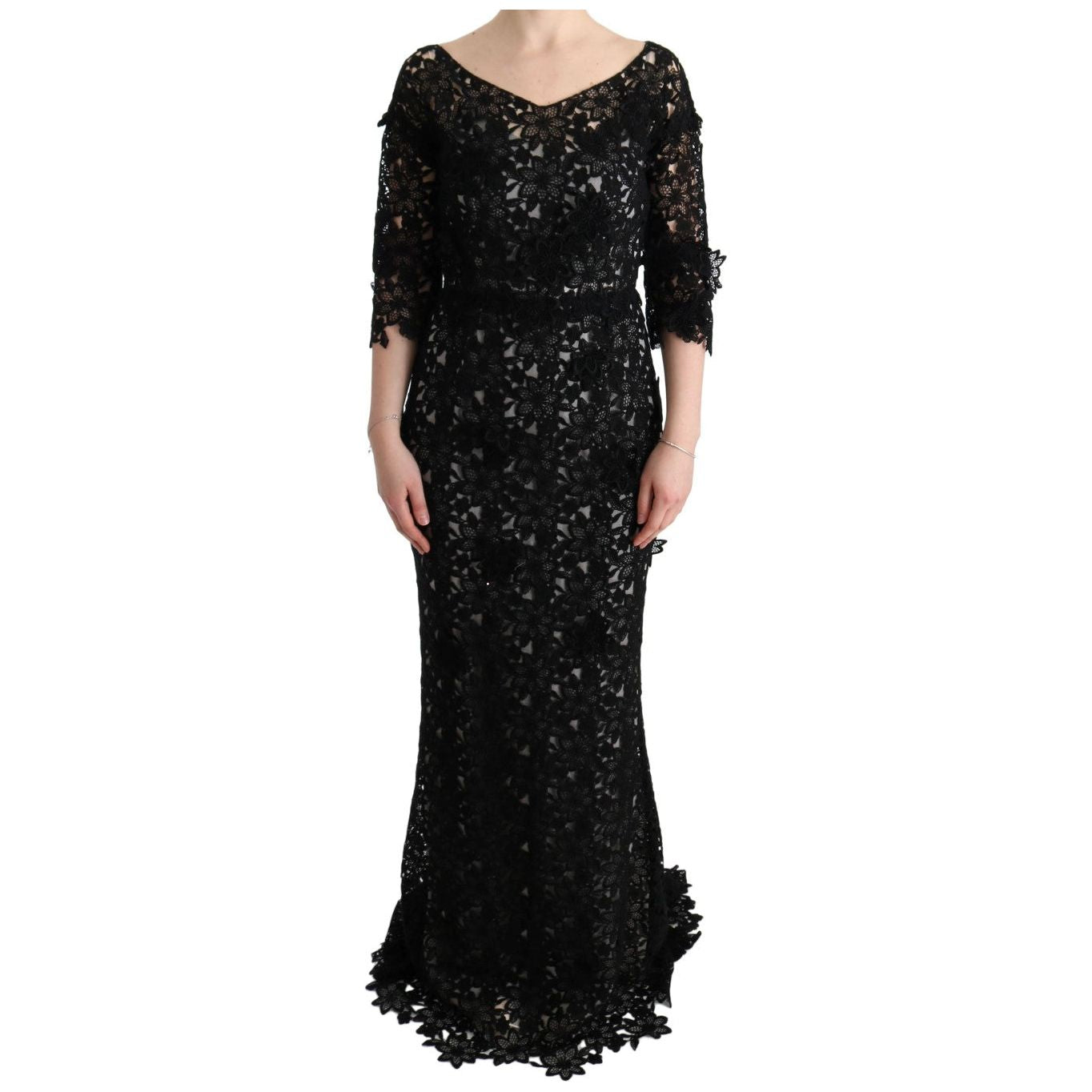 Dolce & Gabbana Elegant Black Maxi Shift Dress with Floral Applique Dresses Dolce & Gabbana