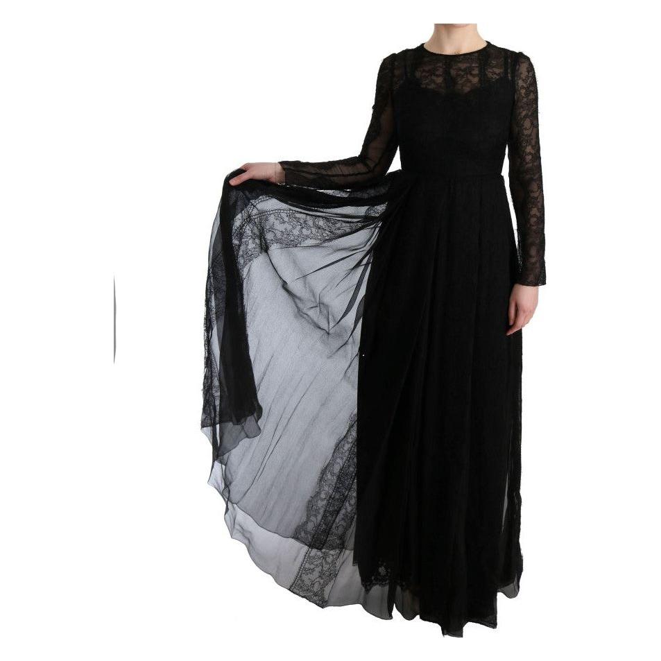 Dolce & Gabbana Black Floral Lace Sheath Silk Dress