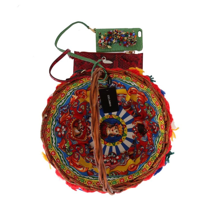 Dolce & Gabbana Multicolor AGNESE Straw Crystal  Pom Pom Bag