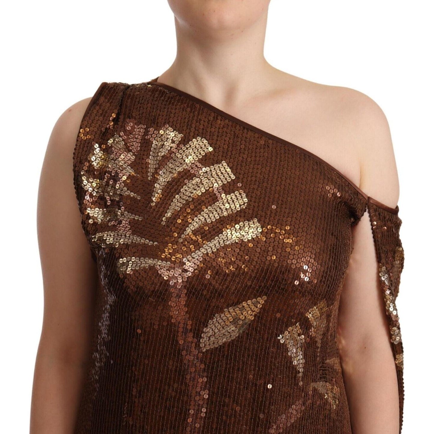 Dsquared² Brown Leaf Sequined Shift One Shoulder Long Dress Dsquared²