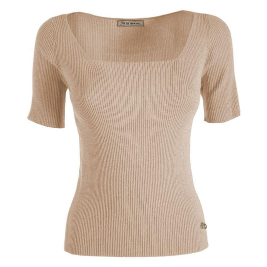 Yes Zee Chic Beige Rib-knit Short Sleeve Top Yes Zee