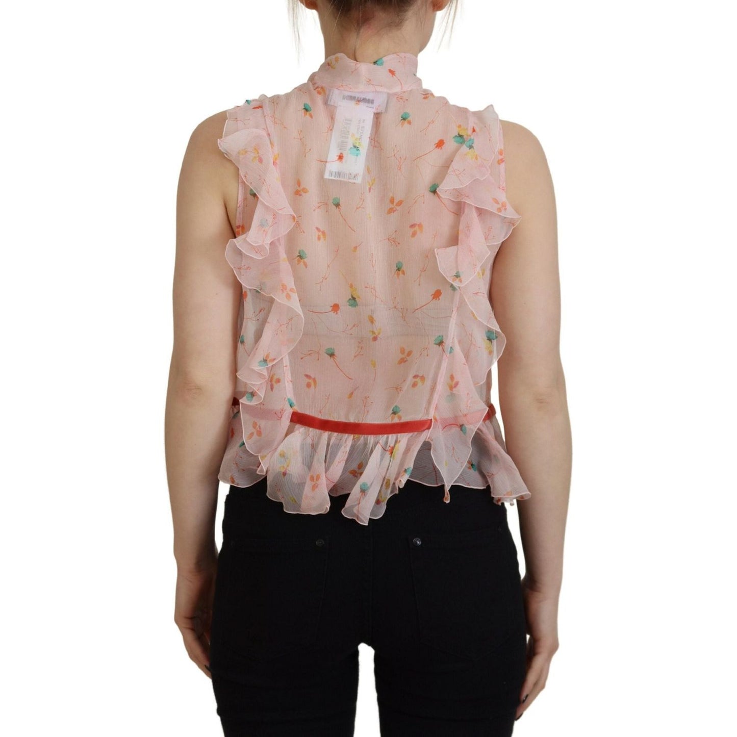 Dsquared² Pink Floral Print Silk Sleeveless Ascot Collar Top Dsquared²