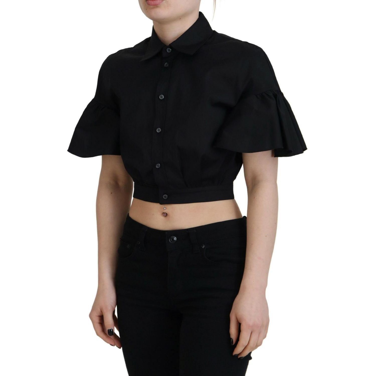 Dsquared² Black Collared Button Down Short Sleeve Cropped Top