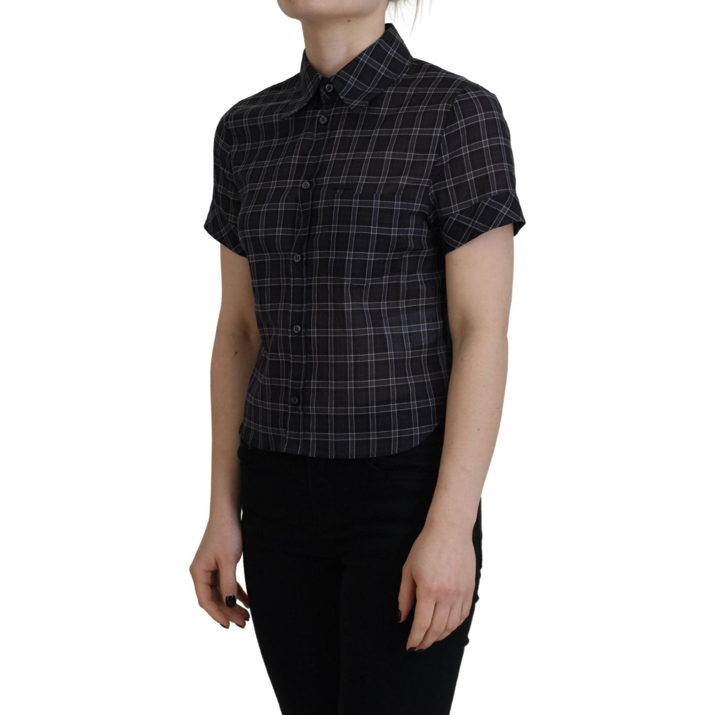 Dsquared² Black Checkered Collared Button Short Sleeves Top Dsquared²