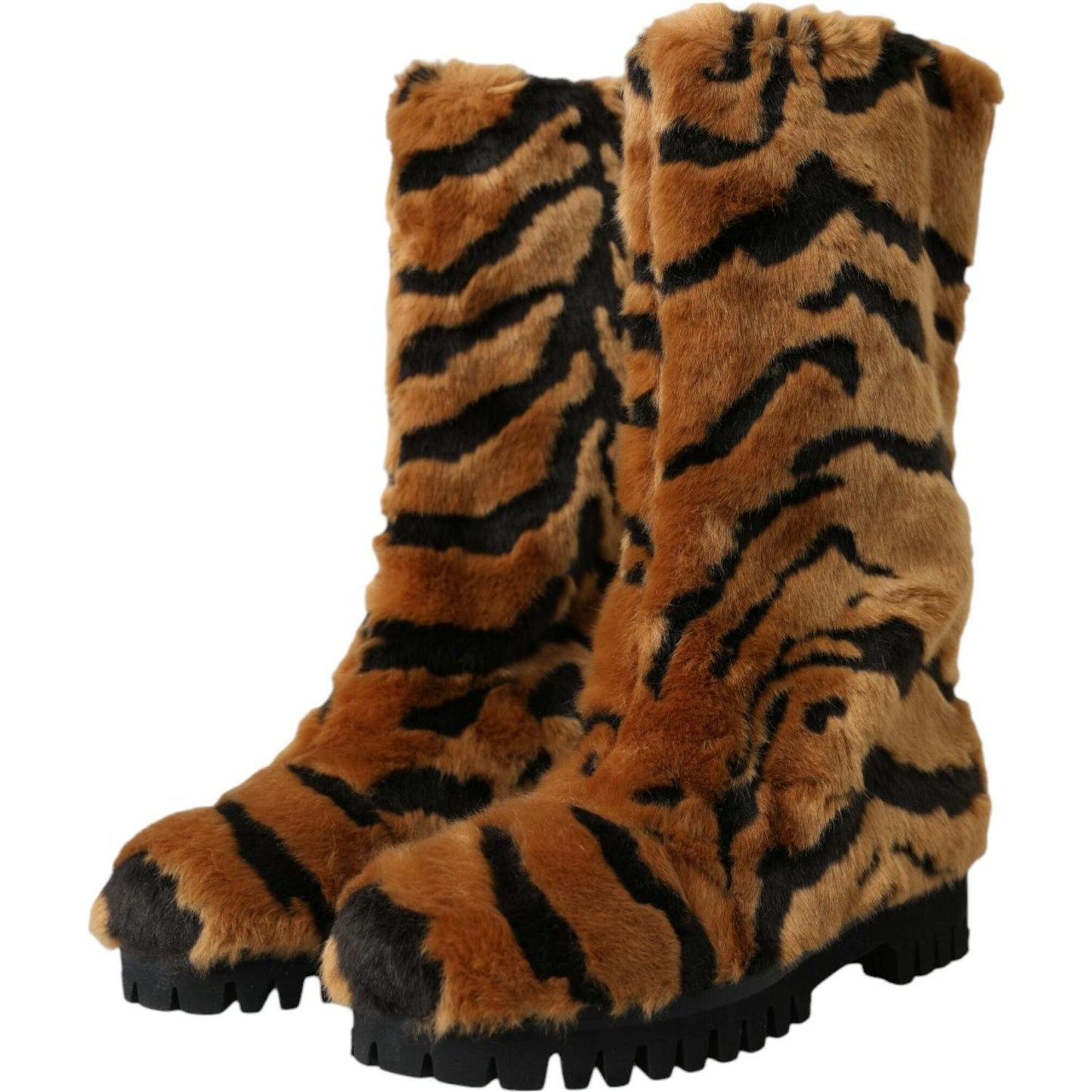 Dolce & Gabbana Brown Tiger Fur Leather Mid Calf Boots Shoes Dolce & Gabbana