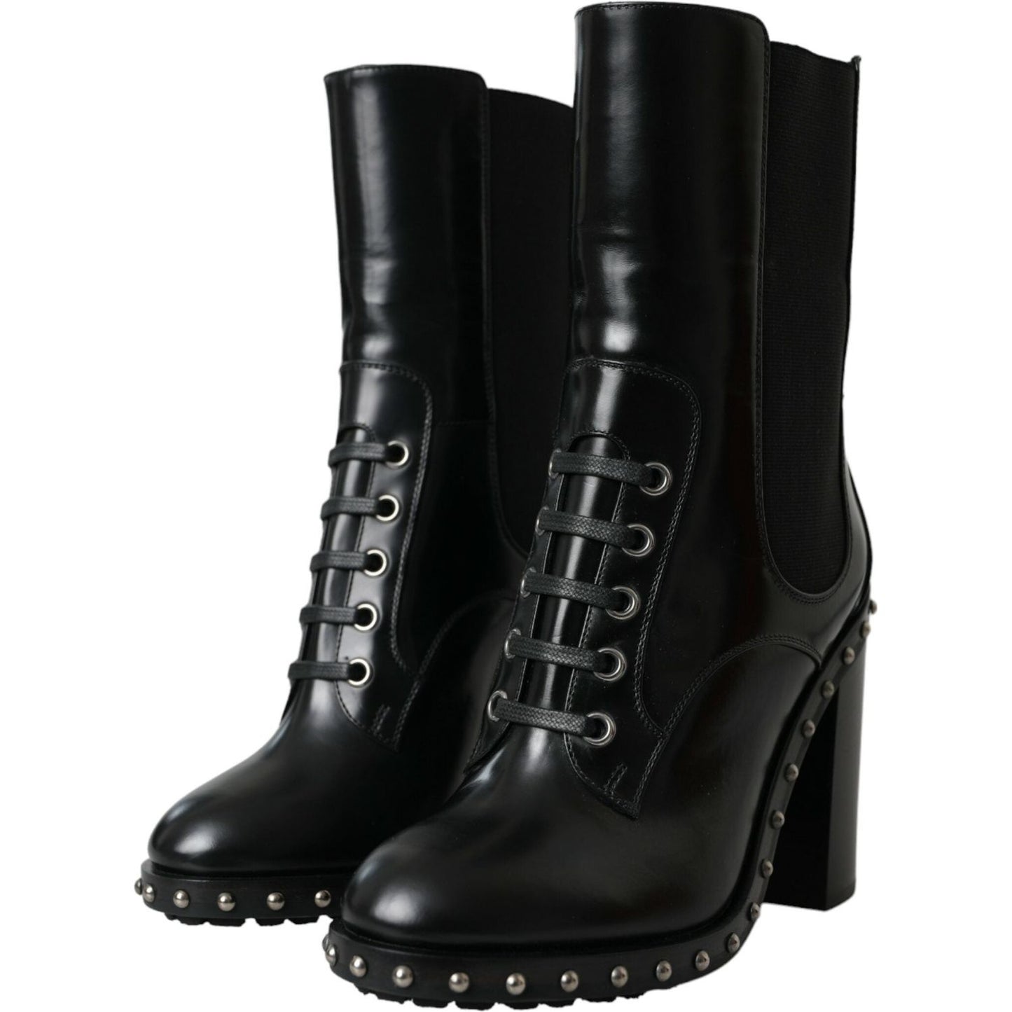 Dolce & Gabbana Black Leather Studded Lace Up Boots Shoes Dolce & Gabbana