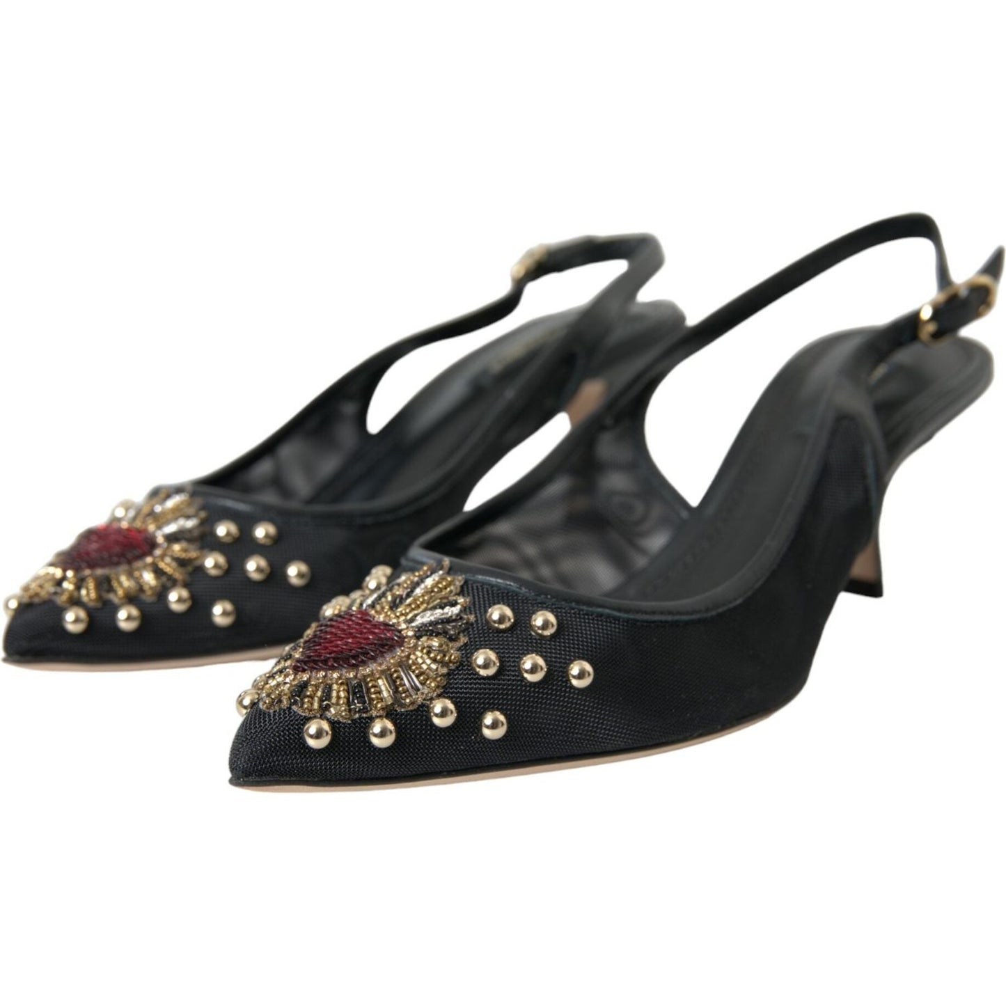 Dolce & Gabbana Black Mesh Embellished Heel Slingbacks Shoes Dolce & Gabbana