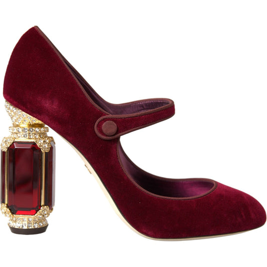 Red Velvet Gold Crystals Heels Mary Jane Shoes