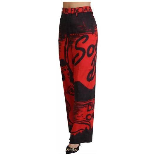 Red Printed High Waist Straight Pants