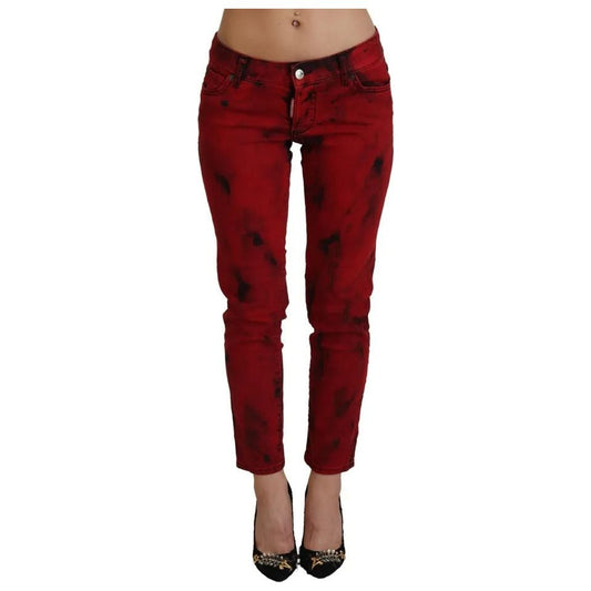 Red Low Waist Cotton Stretch Skinny Pants