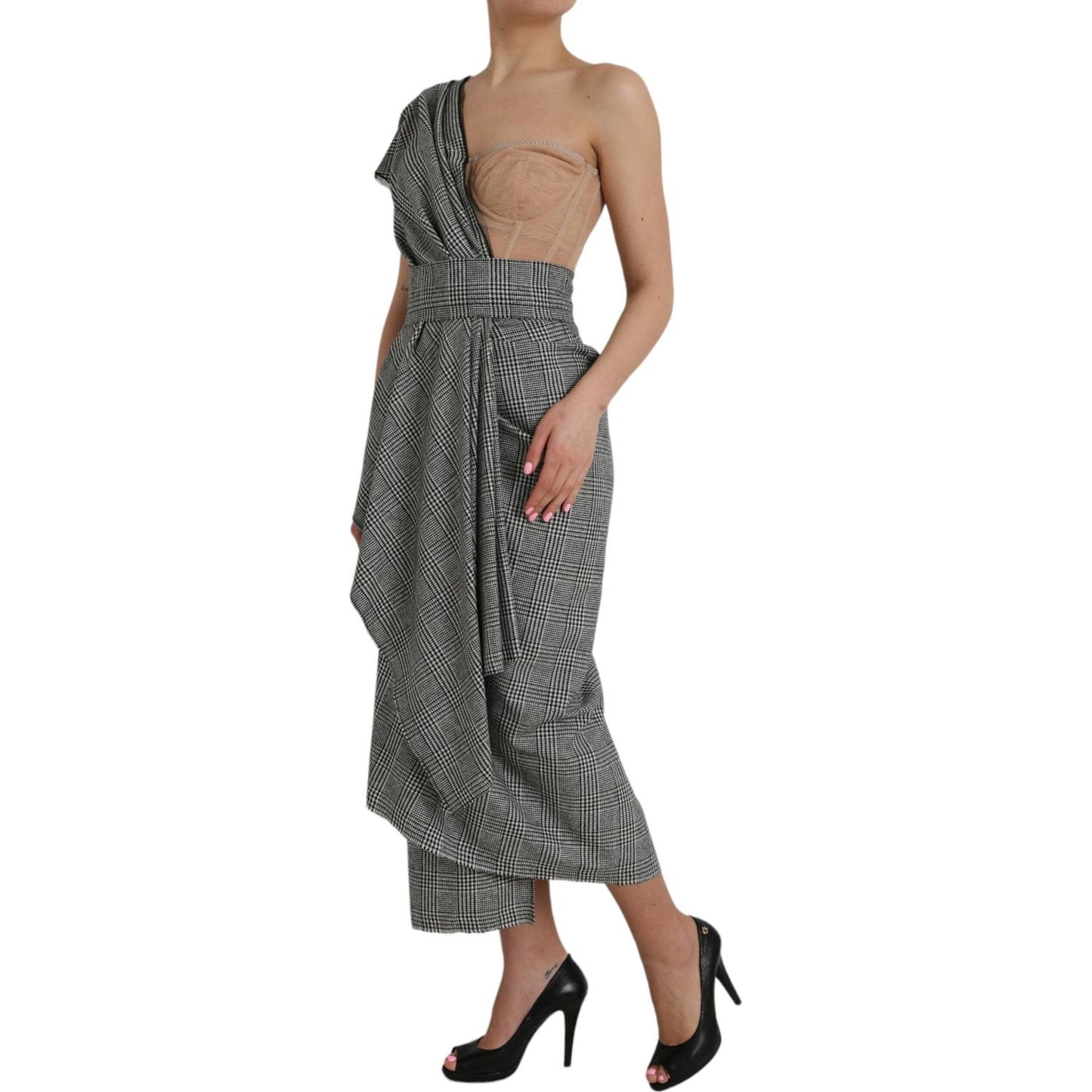 Dolce & Gabbana Gray Beige Layered One Shoulder Maxi Dress Dolce & Gabbana