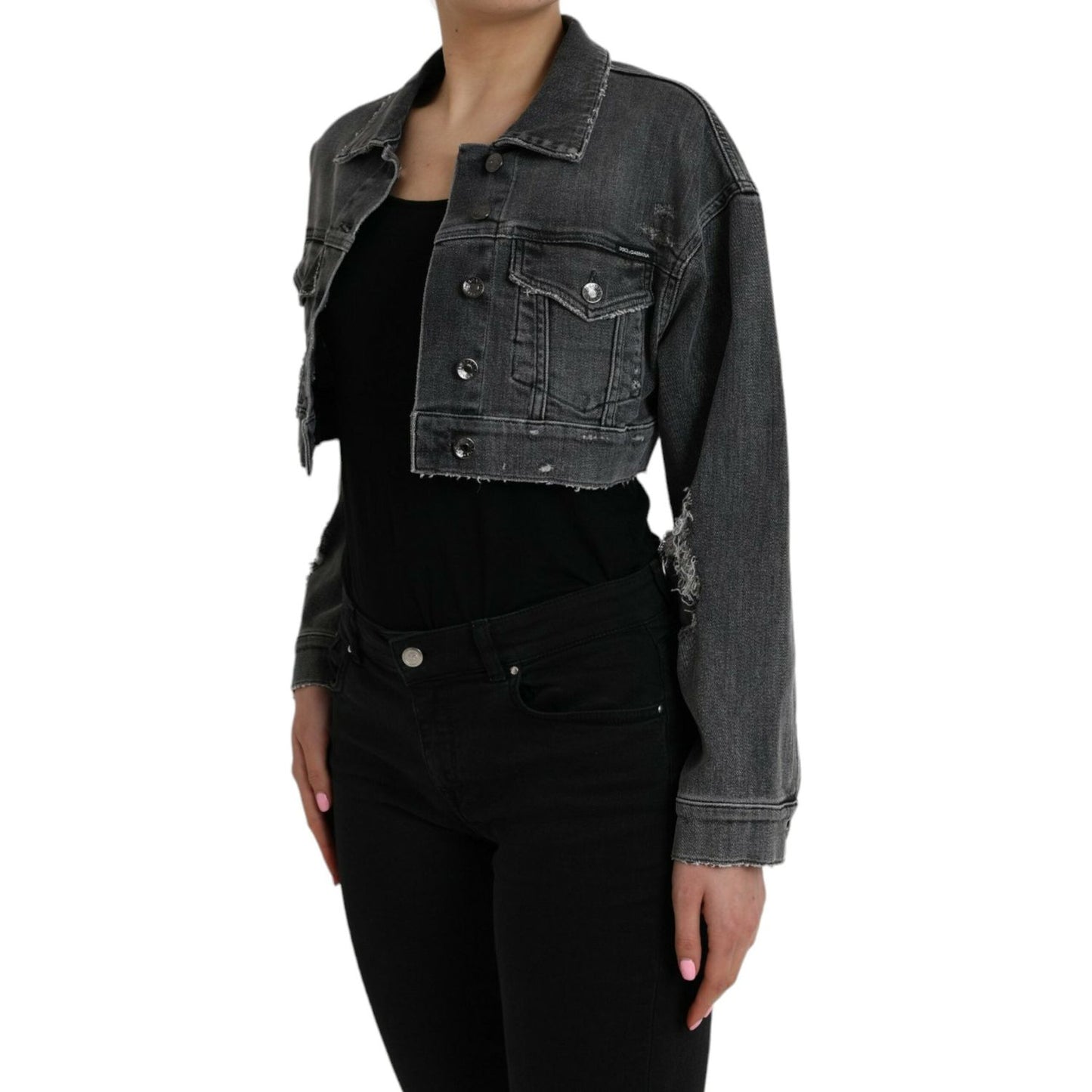 Dolce & Gabbana Dark Gray Cotton Stretch Cropped Denim Jacket Dolce & Gabbana