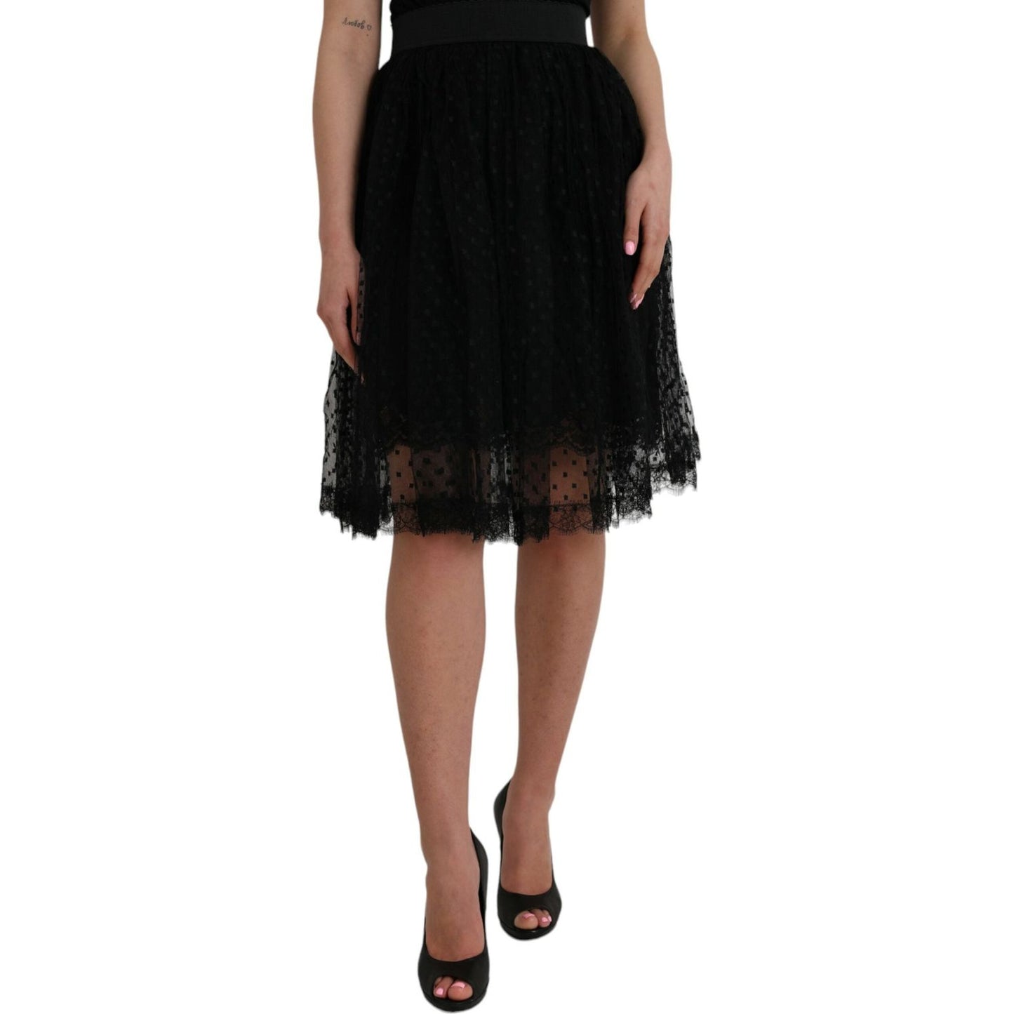 Dolce & Gabbana Black Nylon Lace Trim High Waist A-line Skirt Dolce & Gabbana