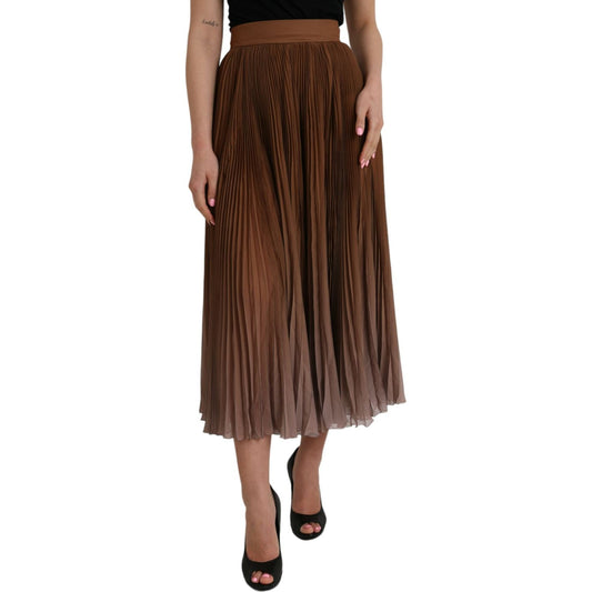 Brown Polyester Pleated High Waist Midi Skirt