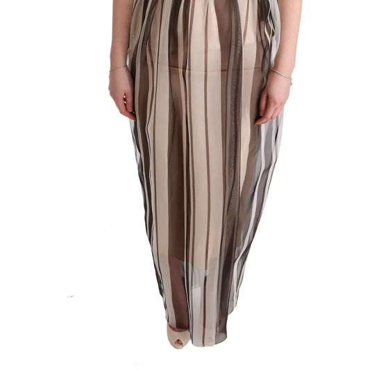 Beige Brown Striped Silk Sheath Dress