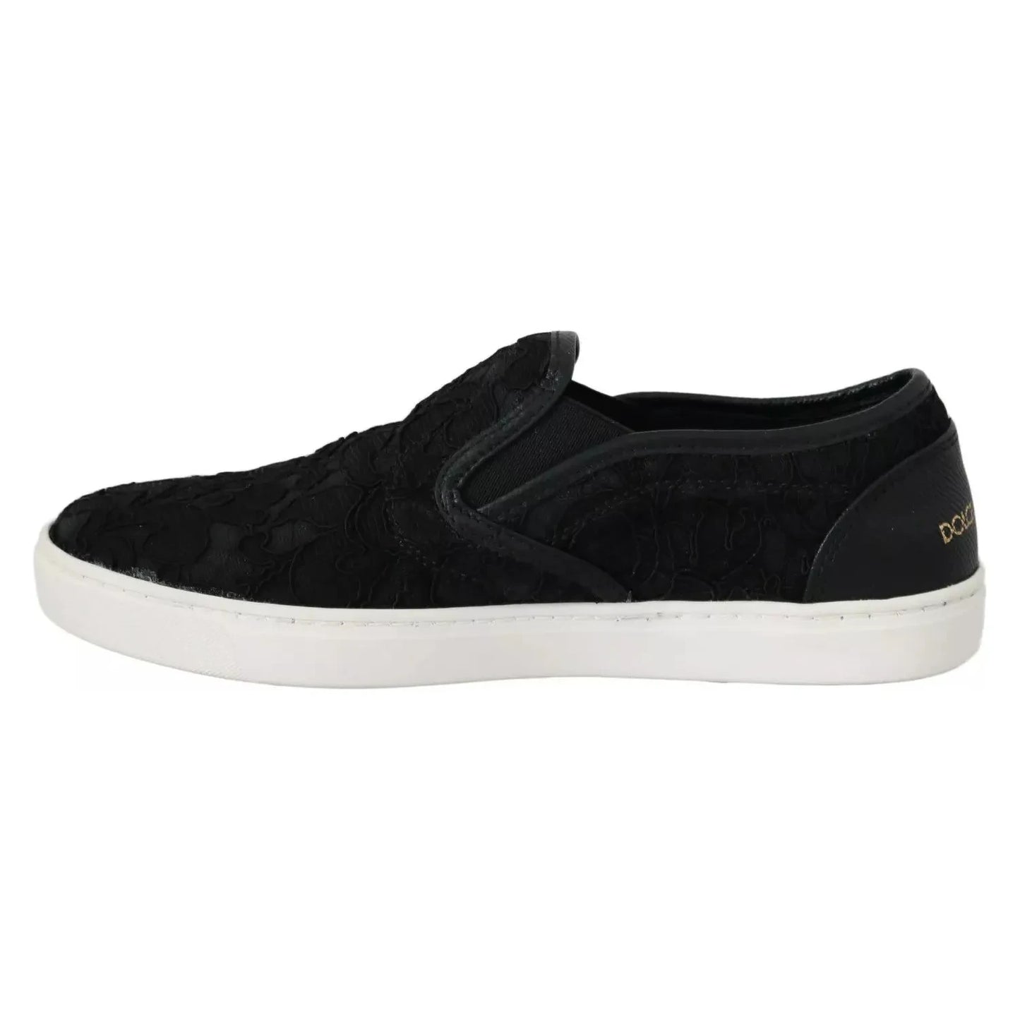 Dolce & Gabbana Black Lace Leather Logo Flat Slip-On Sneakers Dolce & Gabbana