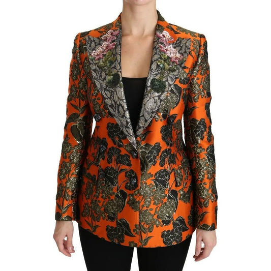 Orange Floral Brocade Coat Blazer Jacket