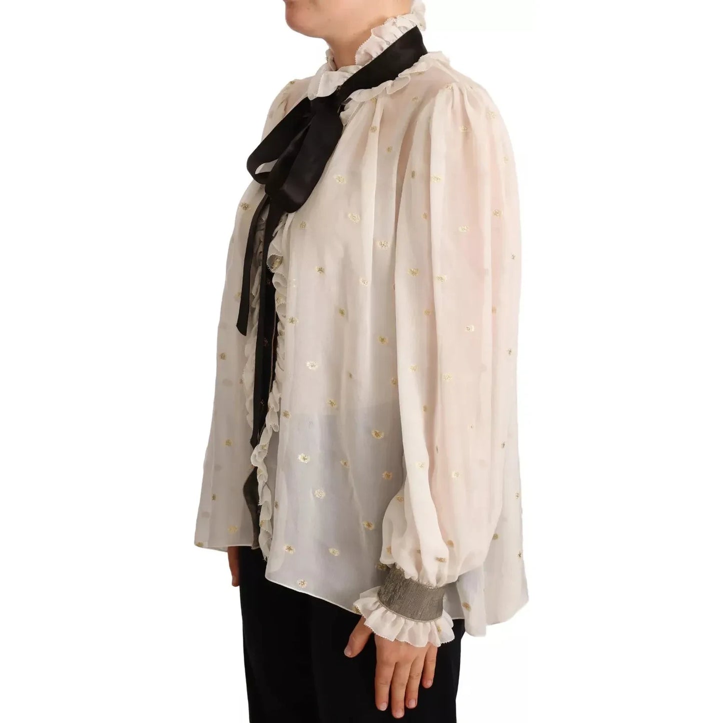 Dolce & Gabbana Off White Silk Blend Ascot Collar Blouse Top Dolce & Gabbana