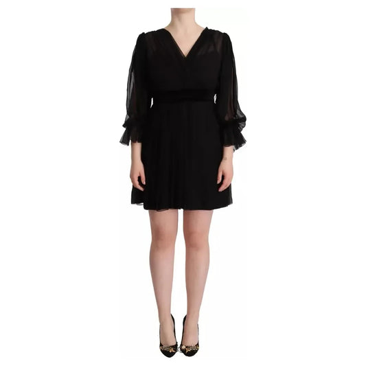 Dolce & Gabbana Black V-neck Long Sleeves Mini A-line Dress Dolce & Gabbana