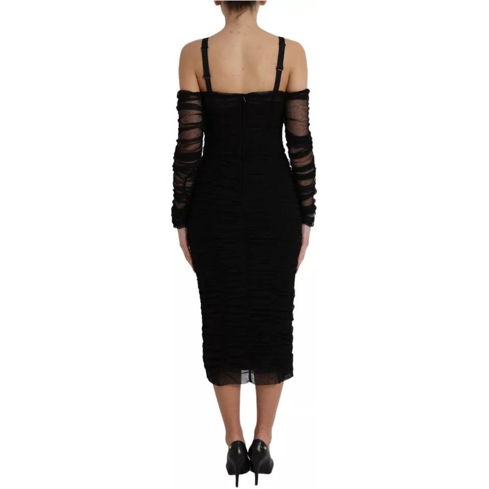 Dolce & Gabbana Black Cold Shoulder Stretch Tulle Midi Dress Dolce & Gabbana