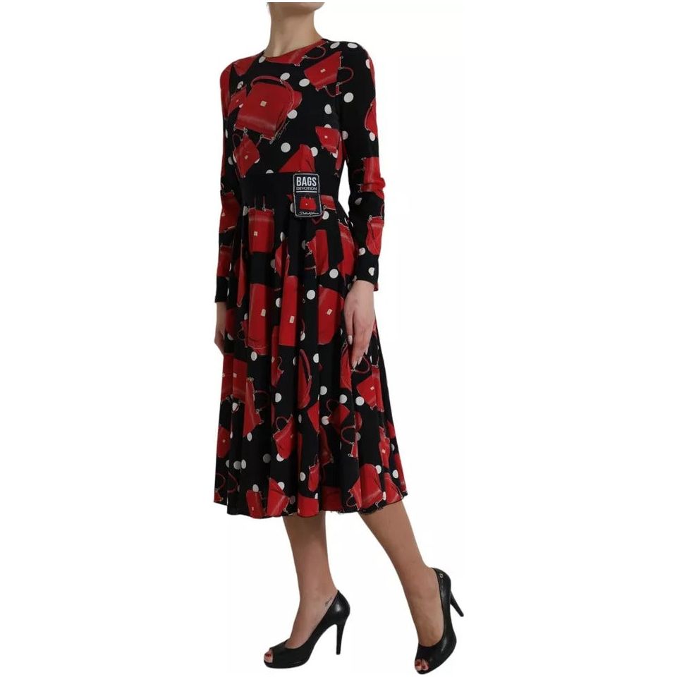 Dolce & Gabbana Black Sicily Bag Print Flared Midi Dress Dolce & Gabbana