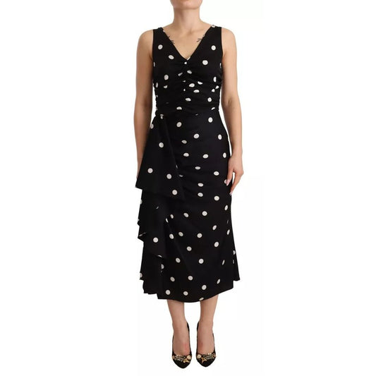 Dolce & Gabbana Black Silk Polka Dots V-neck Sheath Midi Dress