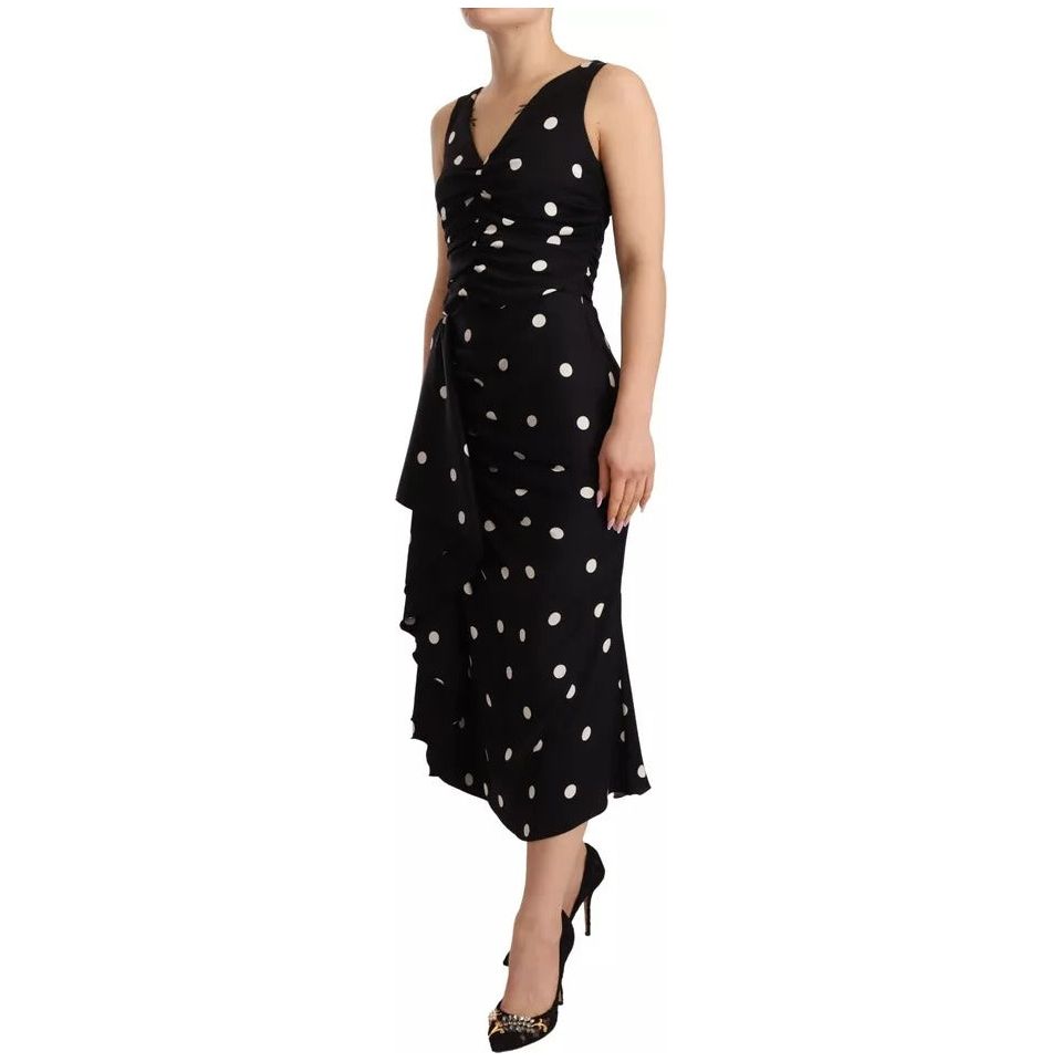 Dolce & Gabbana Black Silk Polka Dots V-neck Sheath Midi Dress Dolce & Gabbana