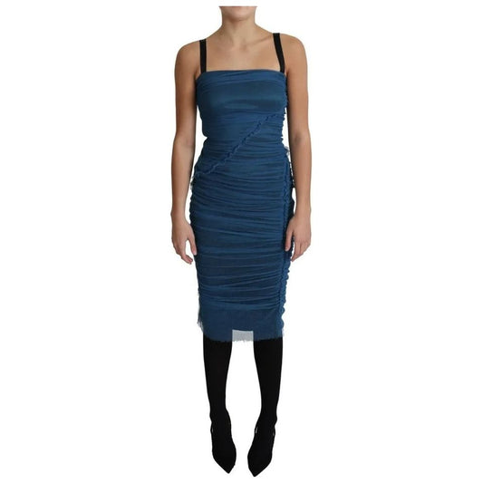 Dolce & Gabbana Blue Draped Tulle Midi Sheath Cotton Dress Dolce & Gabbana