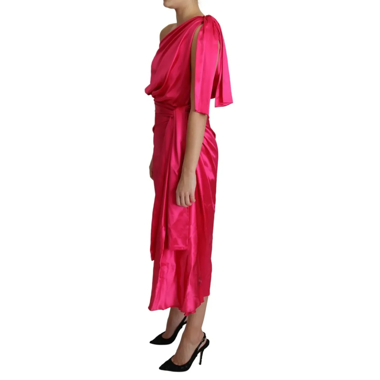 Dolce & Gabbana Fuchsia Fitted Cut One Shoulder Midi Dress