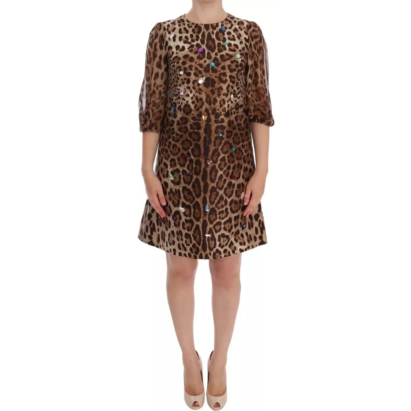 Leopard Silk Wool Crystal Shift Dress