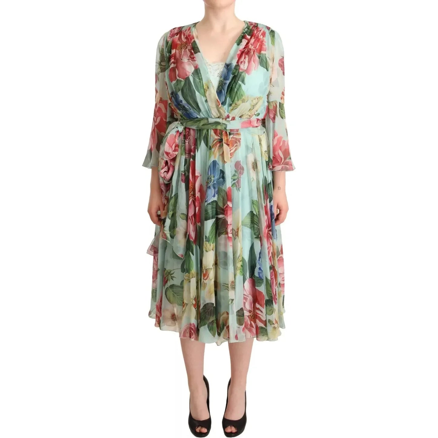 Multicolor Green Silk Wrap Gown Dress