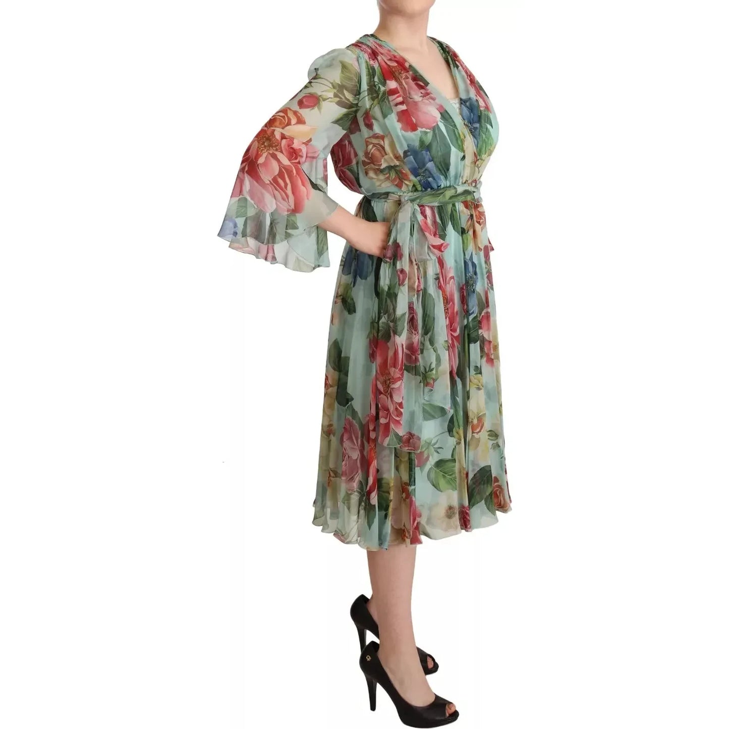 Multicolor Green Silk Wrap Gown Dress