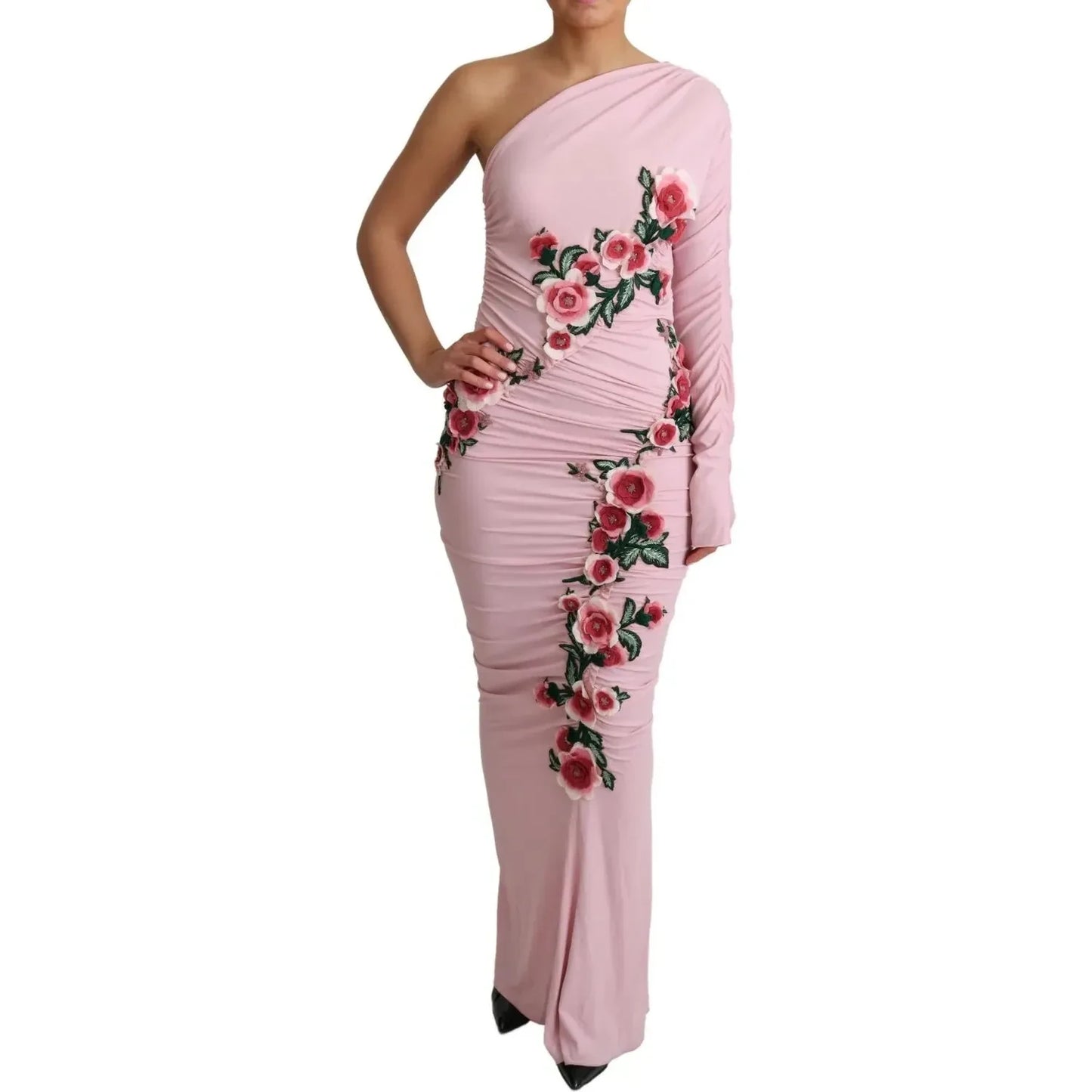 Dolce & Gabbana Pink Flower Embellished One Shoulder Dress Dolce & Gabbana