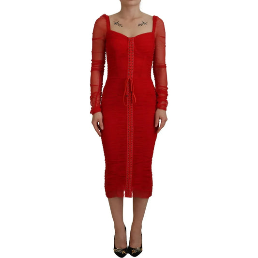 Dolce & Gabbana Red Mesh Trim Bodycon Sheath Midi Dress Dolce & Gabbana