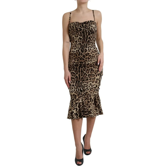 Dolce & Gabbana Silk Brown Leopard Print Ruched Midi Dress Dolce & Gabbana