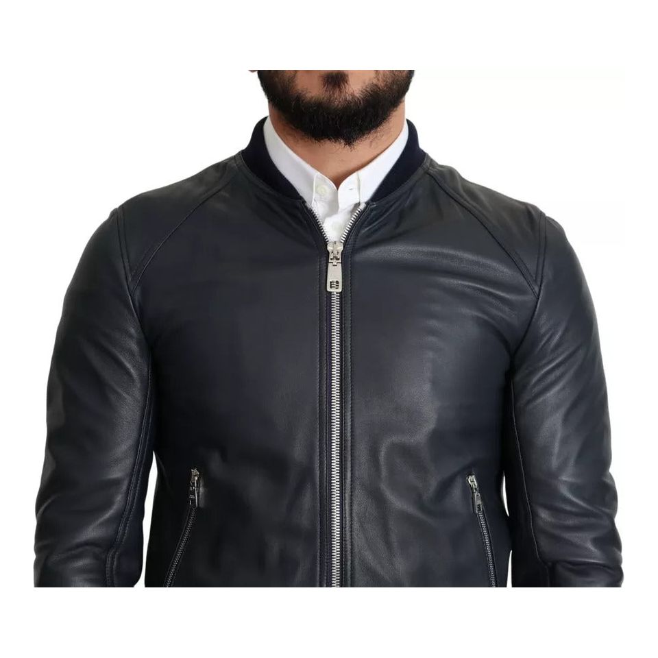 Dolce & Gabbana Black Leather Full Zip Men Bomber Jacket Dolce & Gabbana