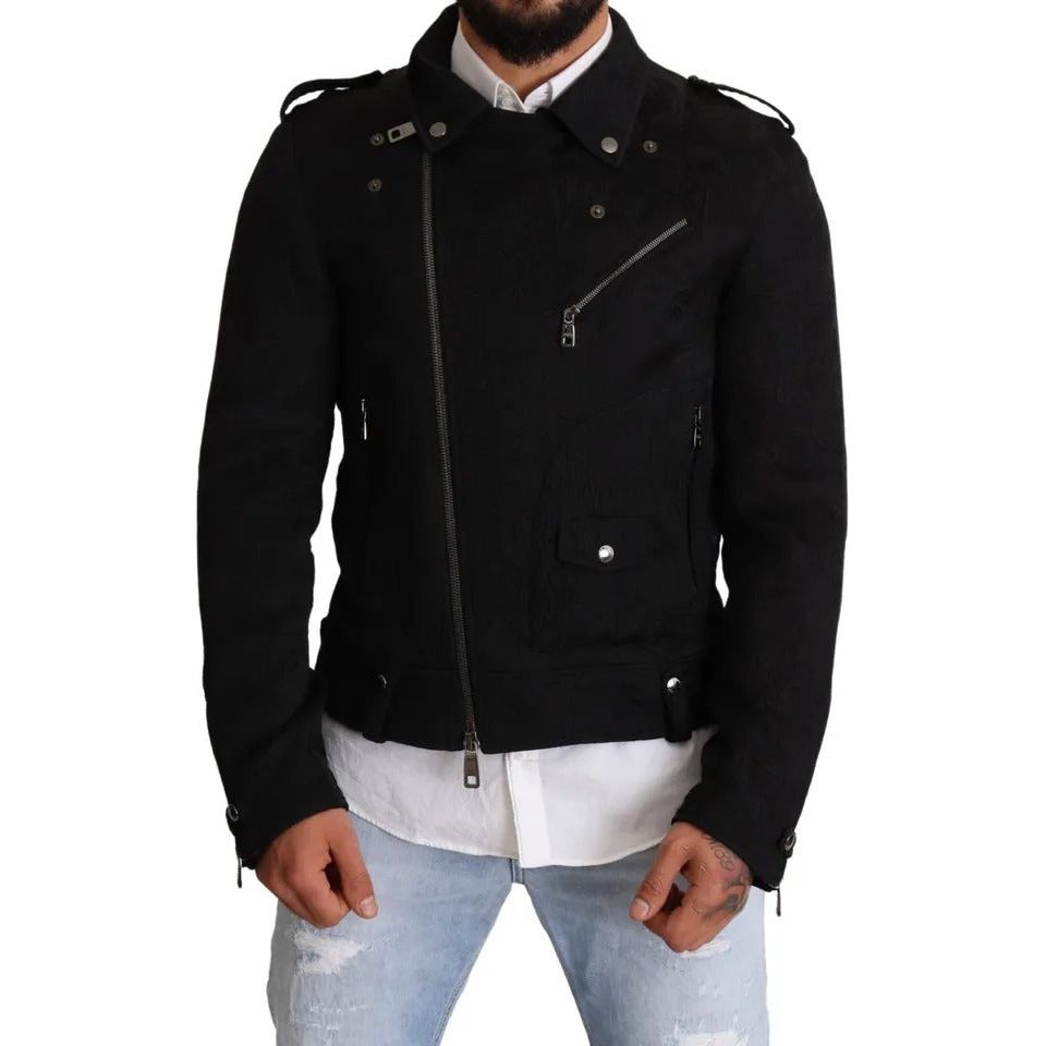 Dolce & Gabbana Black Brocade Full Zip Biker Coat Jacket Dolce & Gabbana