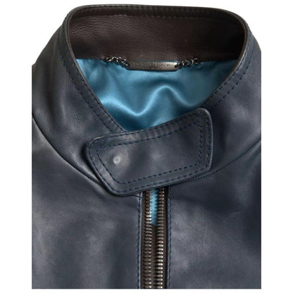 Dolce & Gabbana Blue Leather Full Zip Biker Blouson Jacket