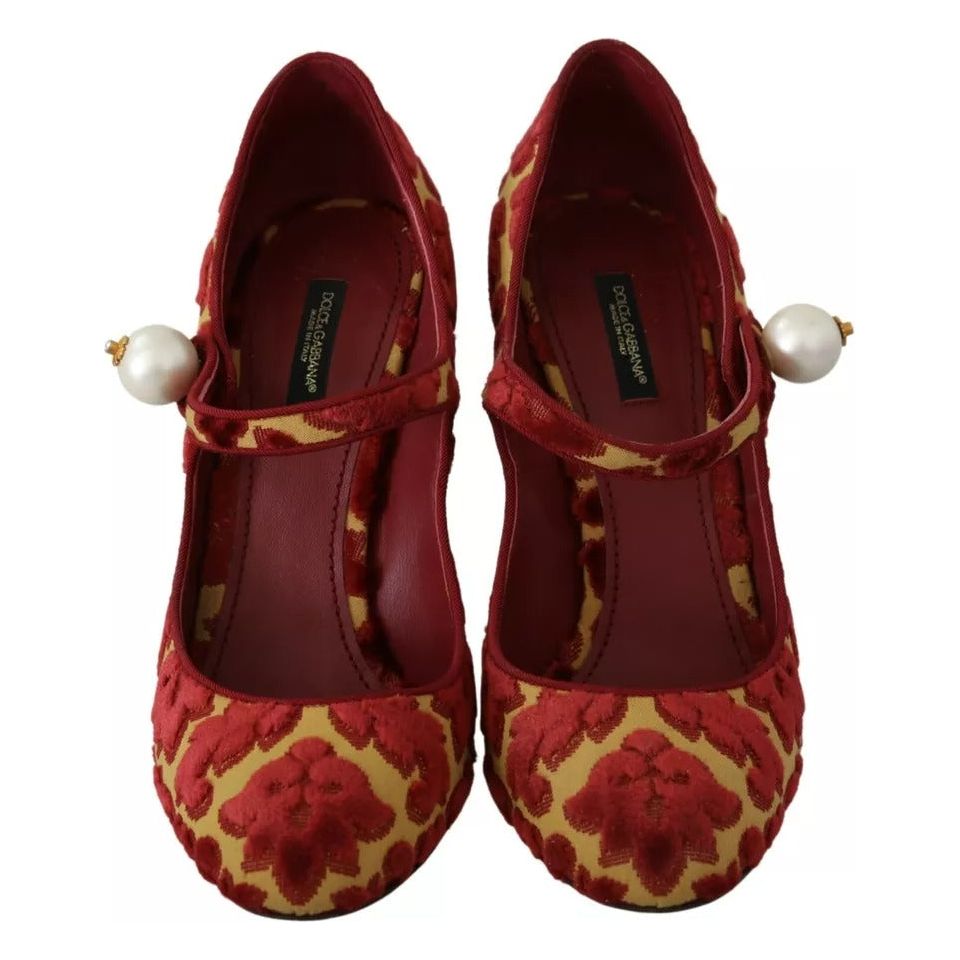 Red Floral Brocade Heels Mary Janes Pumps Shoes