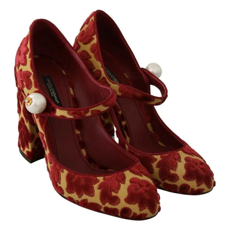 Red Floral Brocade Heels Mary Janes Pumps Shoes