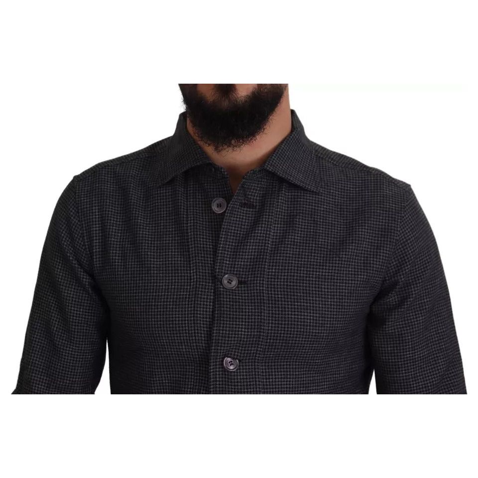 Black Gray Checkered Long Sleeves Collared Casual Shirt