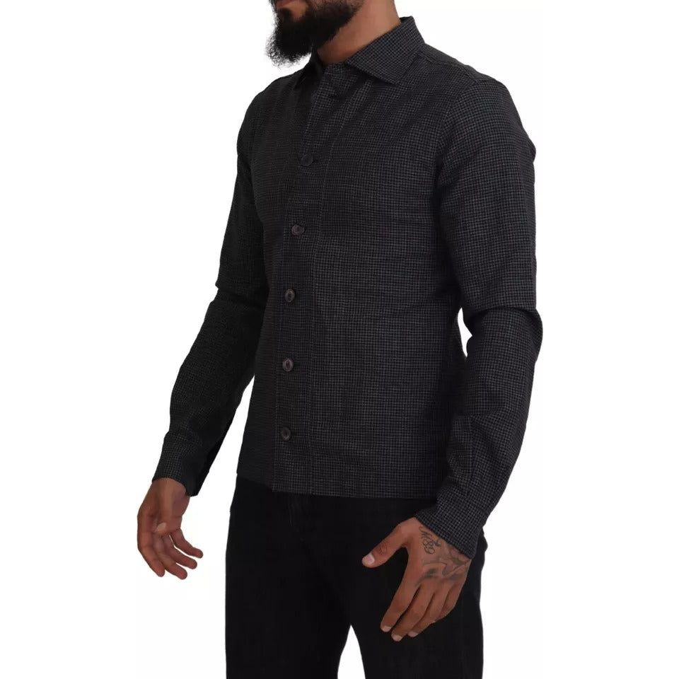 Black Gray Checkered Long Sleeves Collared Casual Shirt