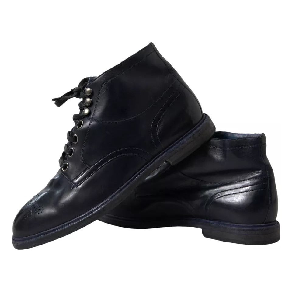 Dolce & Gabbana Navy Blue Leather Lace Up Ankle Boots Shoes Dolce & Gabbana