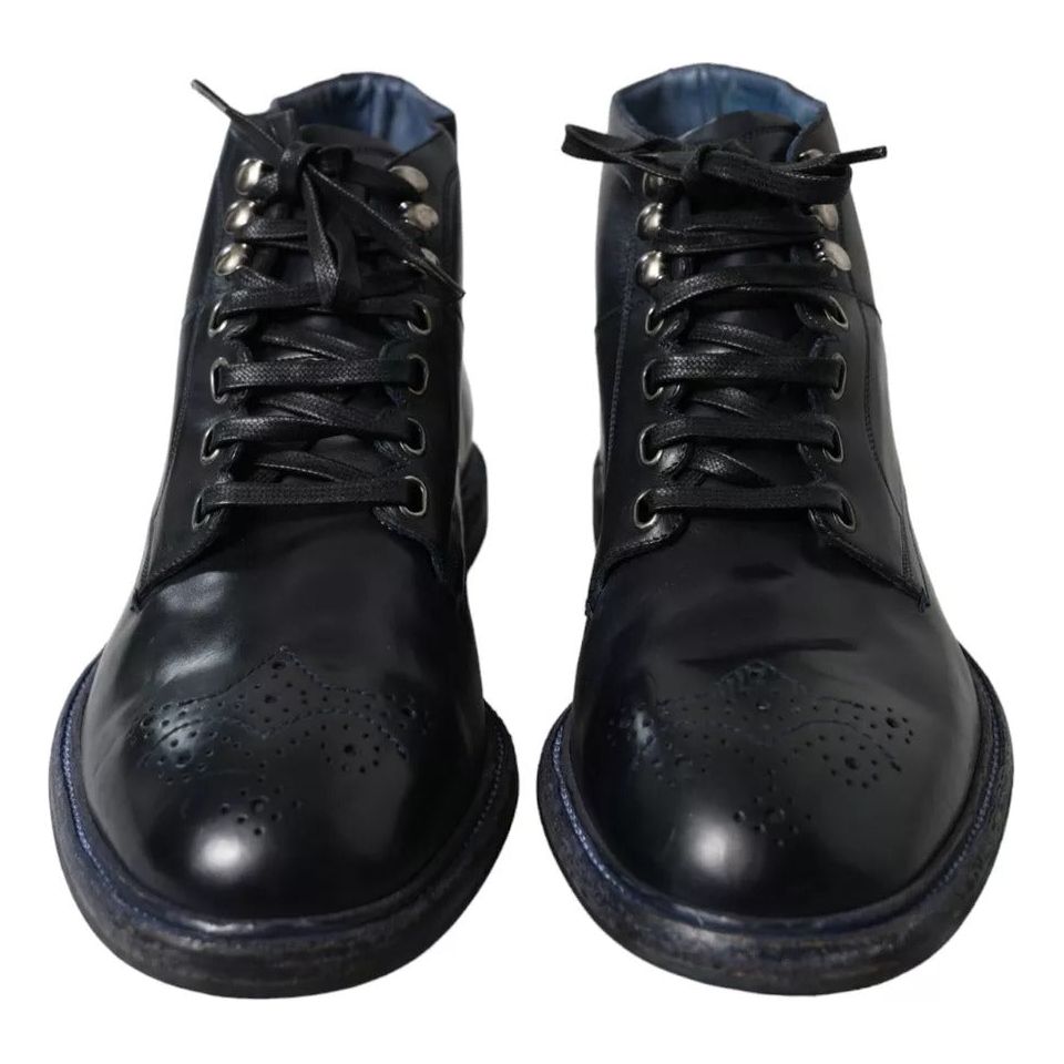 Dolce & Gabbana Navy Blue Leather Lace Up Ankle Boots Shoes Dolce & Gabbana