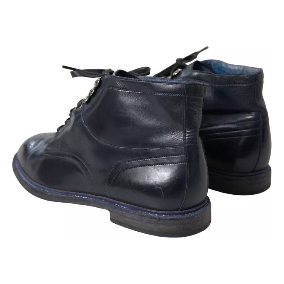 Dolce & Gabbana Navy Blue Leather Lace Up Ankle Boots Shoes Dolce & Gabbana