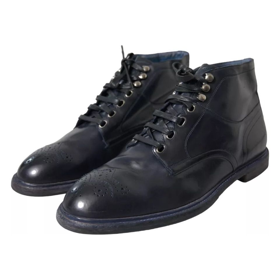 Dolce & Gabbana Navy Blue Leather Lace Up Ankle Boots Shoes Dolce & Gabbana