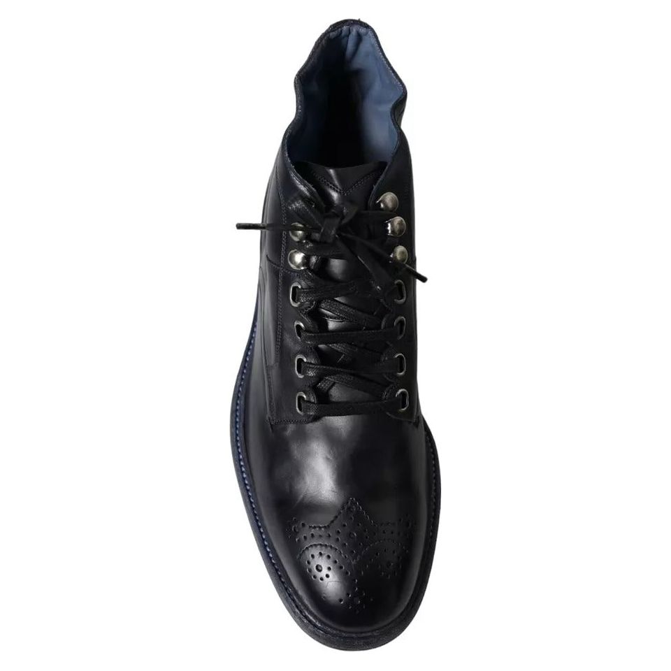 Dolce & Gabbana Navy Blue Leather Lace Up Ankle Boots Shoes Dolce & Gabbana