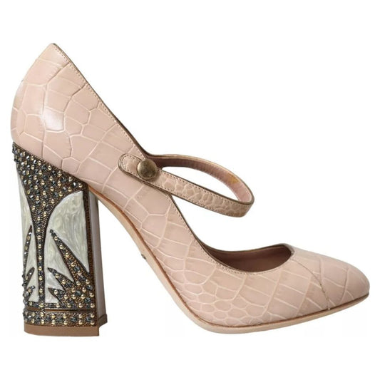 Beige Leather Mary Janes Embellished Shoes